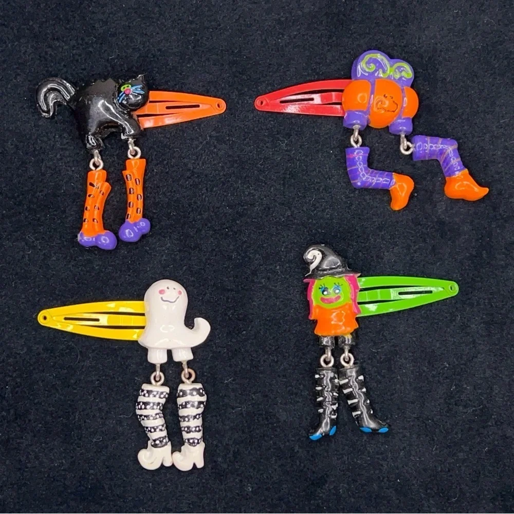 Vintage Set Of 4 Halloween 90s Era Hair Clips Orange Purple Ghost Witch Goth